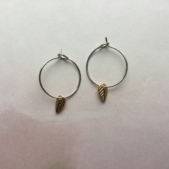 Minimalist Small Silver Hoops With Tiny Gold Leaf Charms - Picture 2 of 3